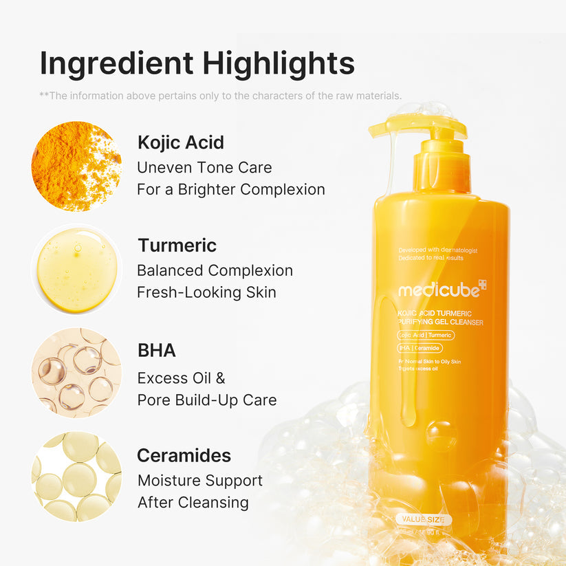 MEDICUBE KOJIC ACID TURMERIC PURIFYING GEL CLEANSER (FOR NORMAL SKIN TO OILY SKIN - TARGETS EXCESS OIL) - 500ML