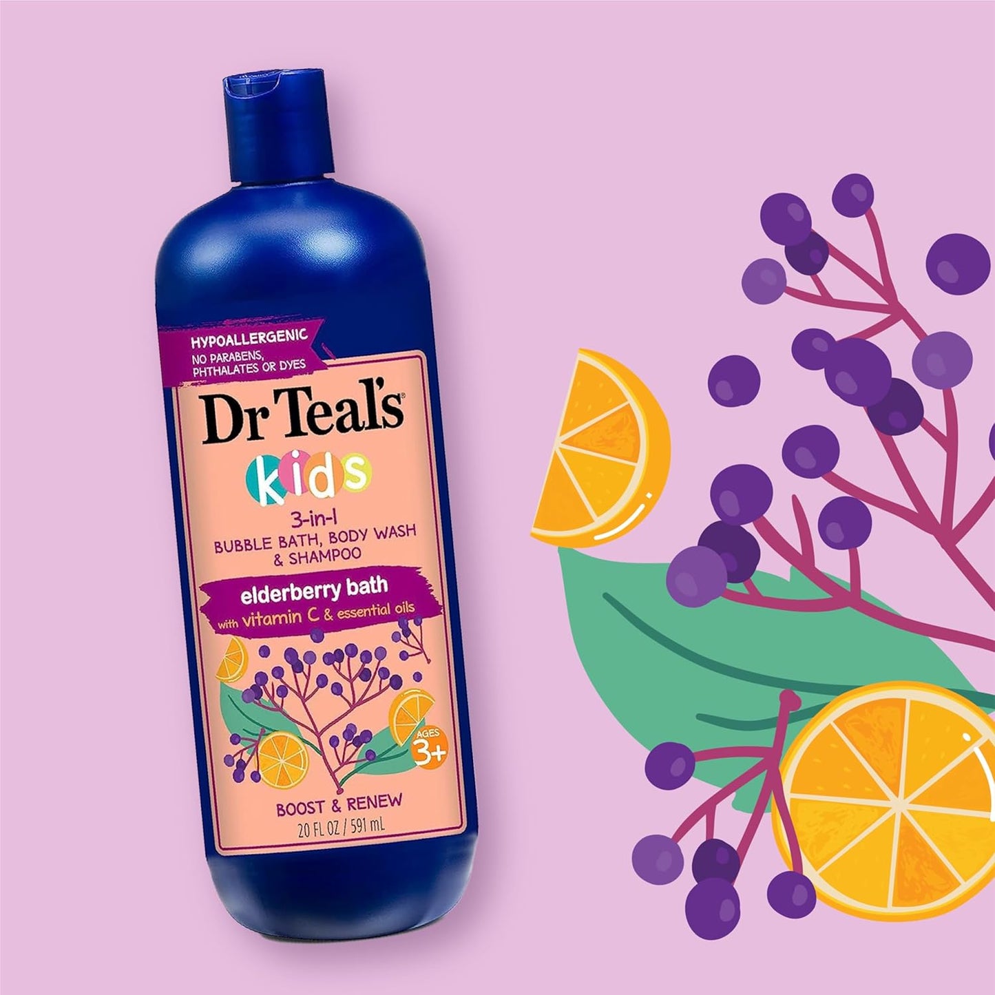 DR TEAL'S KIDS 3-IN-1 ELDERBERRY BATH: BUBBLE BATH, BODY WASH & SHAMPOO