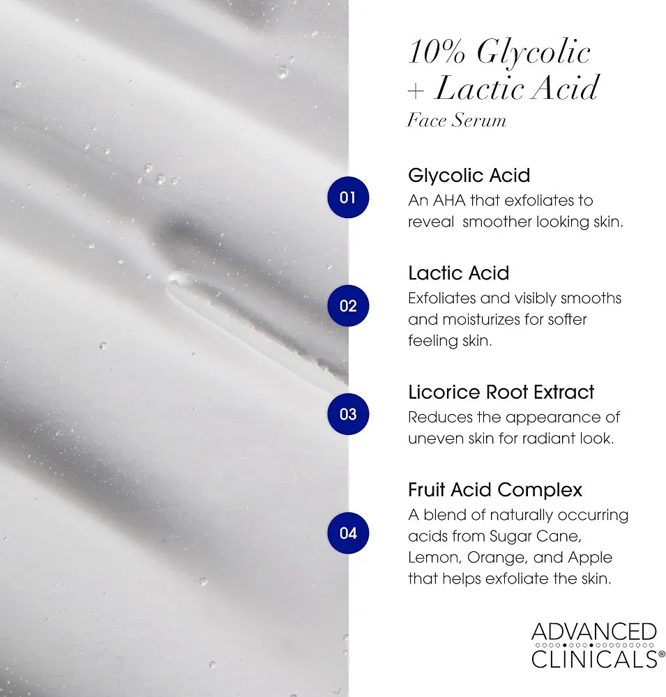 ADVANCED CLINICALS 10% GLYCOLIC + LACTIC ACID EXFOLIATING FACE SERUM - 52ML