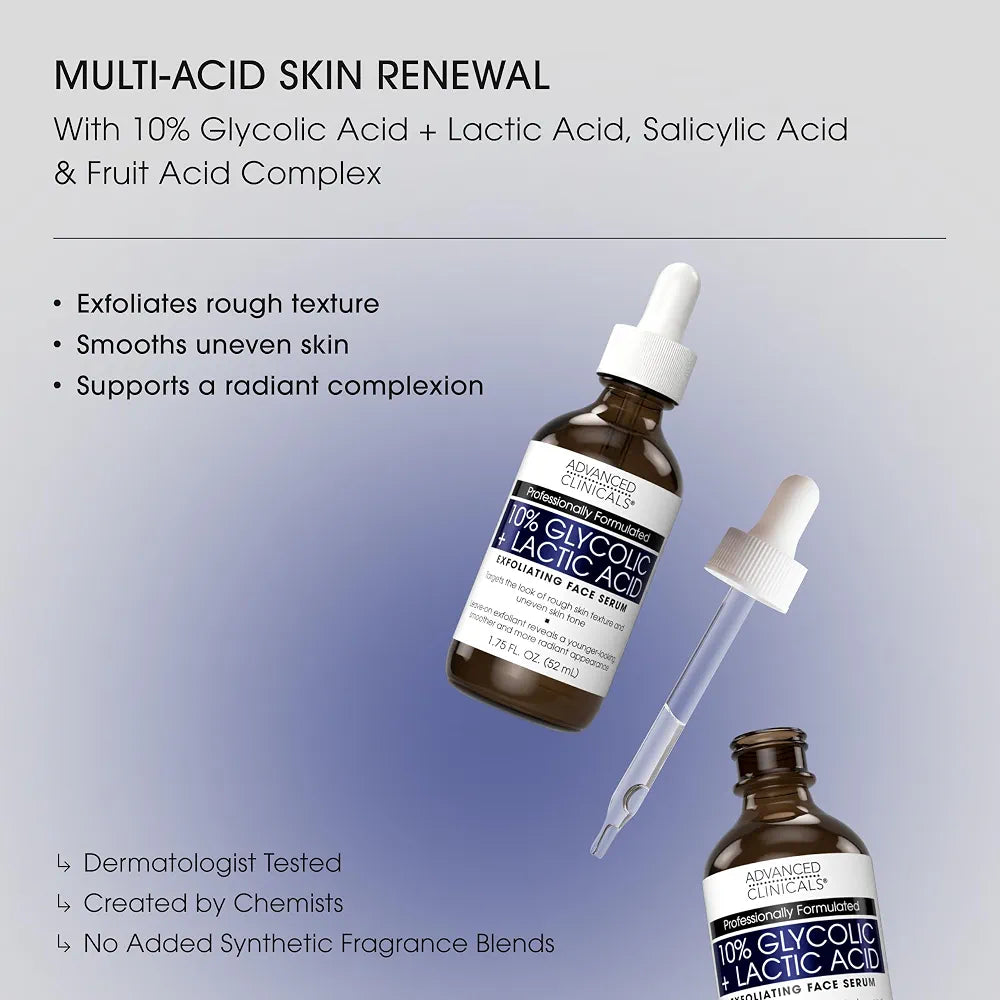 ADVANCED CLINICALS 10% GLYCOLIC + LACTIC ACID EXFOLIATING FACE SERUM - 52ML