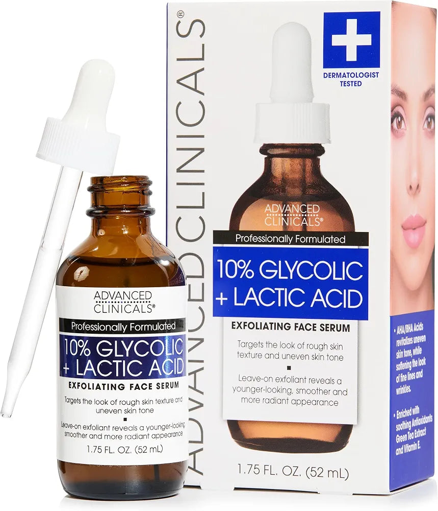 ADVANCED CLINICALS 10% GLYCOLIC + LACTIC ACID EXFOLIATING FACE SERUM - 52ML