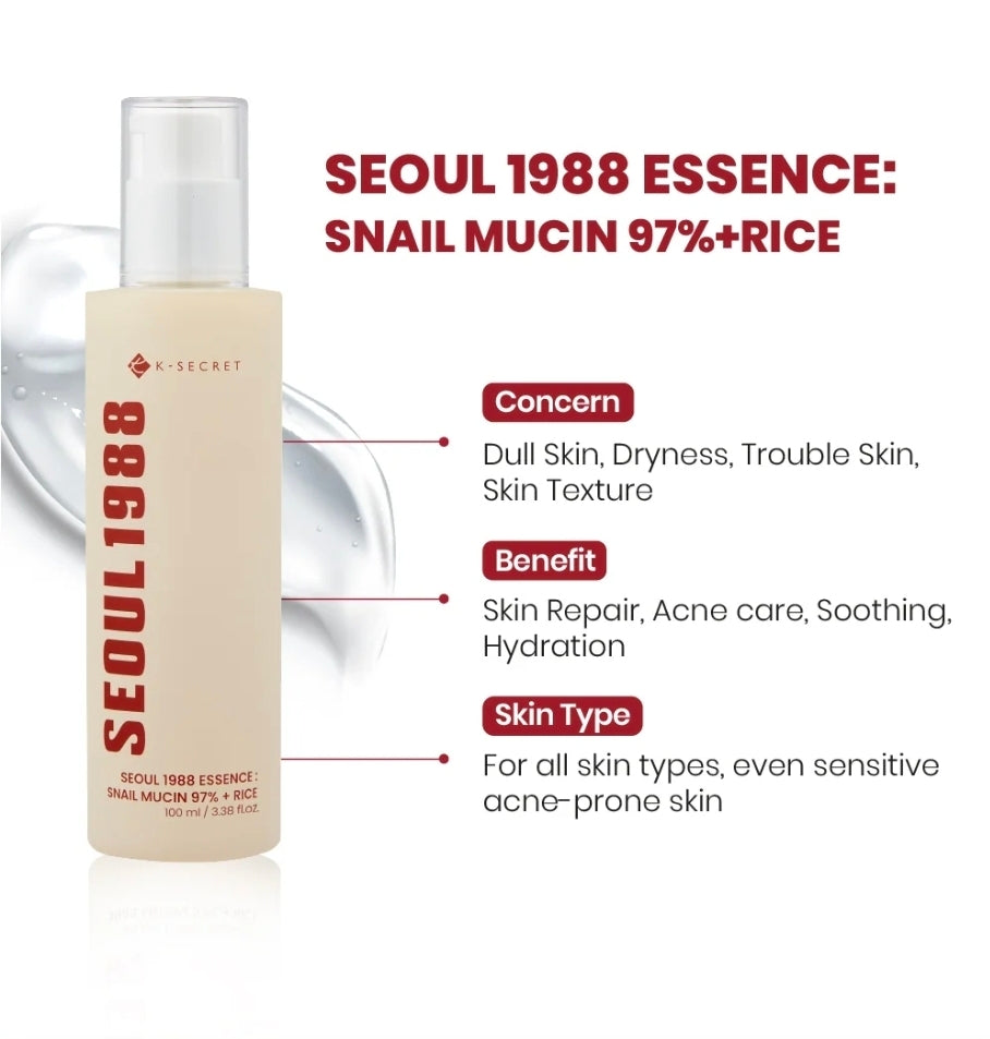 SEOUL 1988 ESSENCE: SNAIL MUCIN 97% + RICE - 100ML