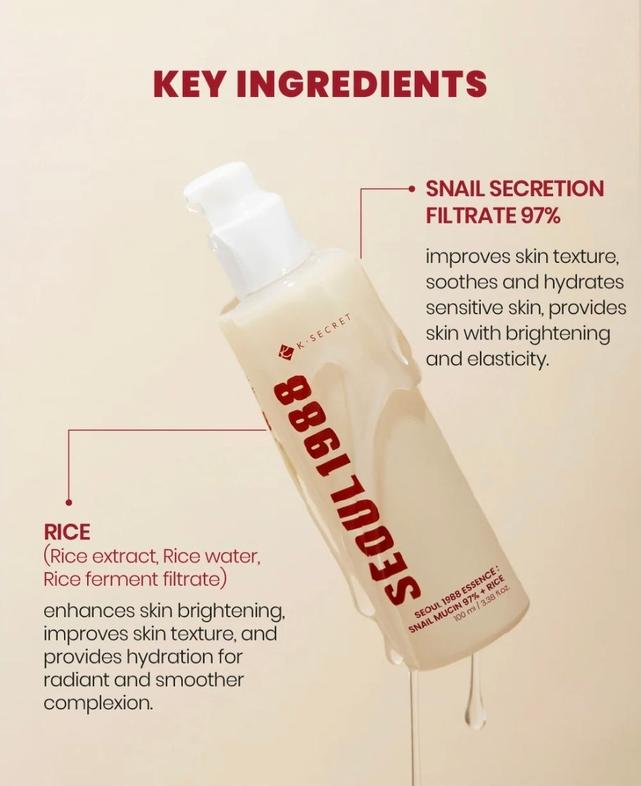 SEOUL 1988 ESSENCE: SNAIL MUCIN 97% + RICE - 100ML