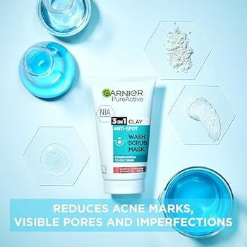 GARNIER PURE ACTIVE 3-IN-1 CLAY MASK-WASH-SCRUB, FACE CLEANSER