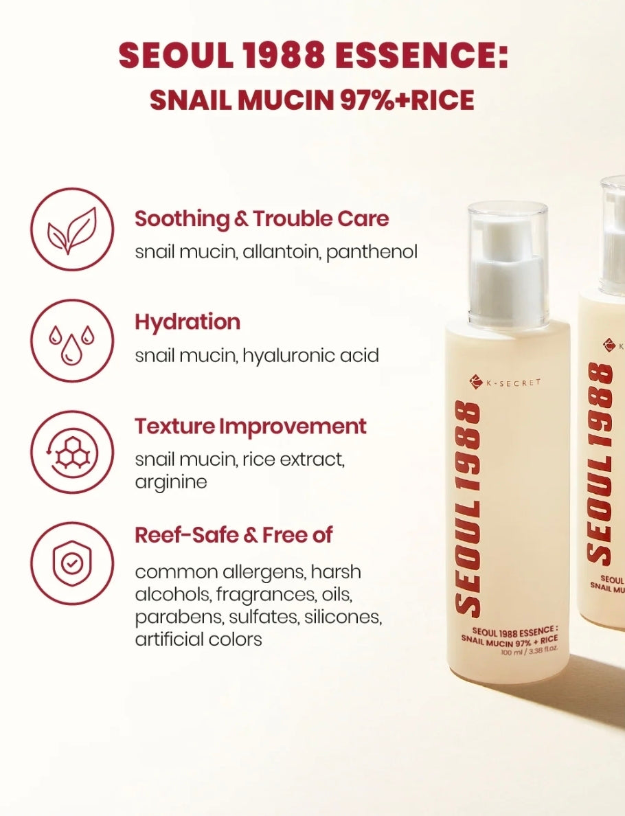 SEOUL 1988 ESSENCE: SNAIL MUCIN 97% + RICE - 100ML