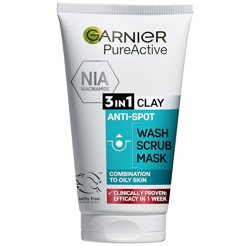 GARNIER PURE ACTIVE 3-IN-1 CLAY MASK-WASH-SCRUB, FACE CLEANSER