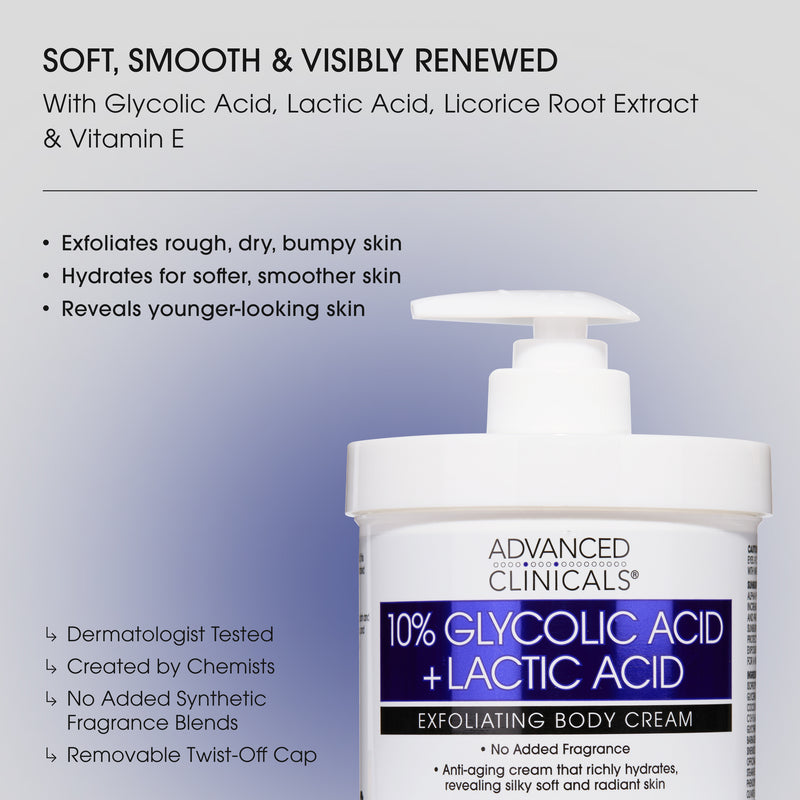 ADVANCED CLINICALS 10% GLYCOLIC ACID + LACTIC ACID BODY CREAM - 454g